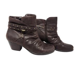 Yuu Marshey Faux Leather Studded Ankle Boots Side Zip Brown Round Toe Size 9 M